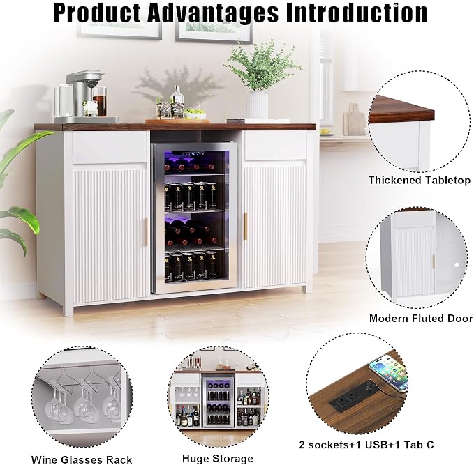 GDLF 53.2" Coffee Bar Cabinet with Fridge Space,Fluted Sideboard,White