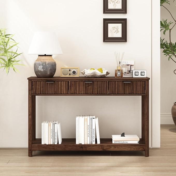 RUSTOWN Fluted Wood Console Table with 3 Drawers, 47.2" Boho Entryway Table