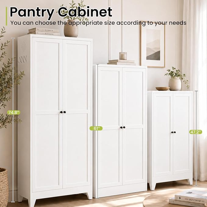 AQY Metal Pantry Cabinet, 75" White Kitchen Storage Cabinet with Doors | 5 Adjustable Shelves Ventilated Metal Cabinet Hanging Hooks Freestanding Kitchen Storage