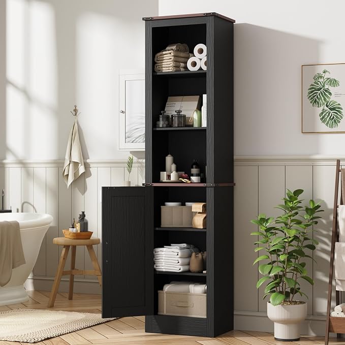 MHOM 71" Tall Bathroom Storage Cabinet. Farmhouse Storage Cabinet with Adjustable Shelves, Narrow Linen Tower Cabinet for Bathroom, Laundry, and, Living Room, Black