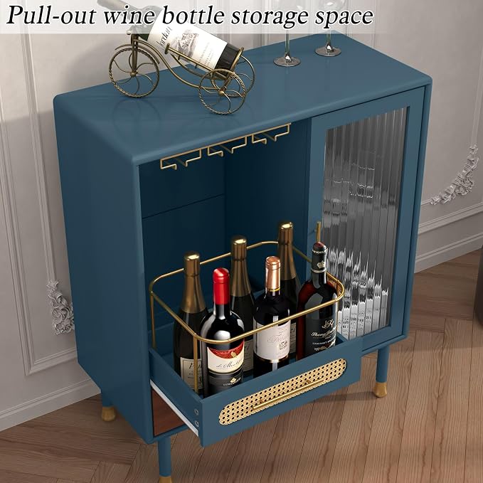 ARTPOWER Modern Coffee Bar Cabinet with Pull-Out Wine Storage, Blue