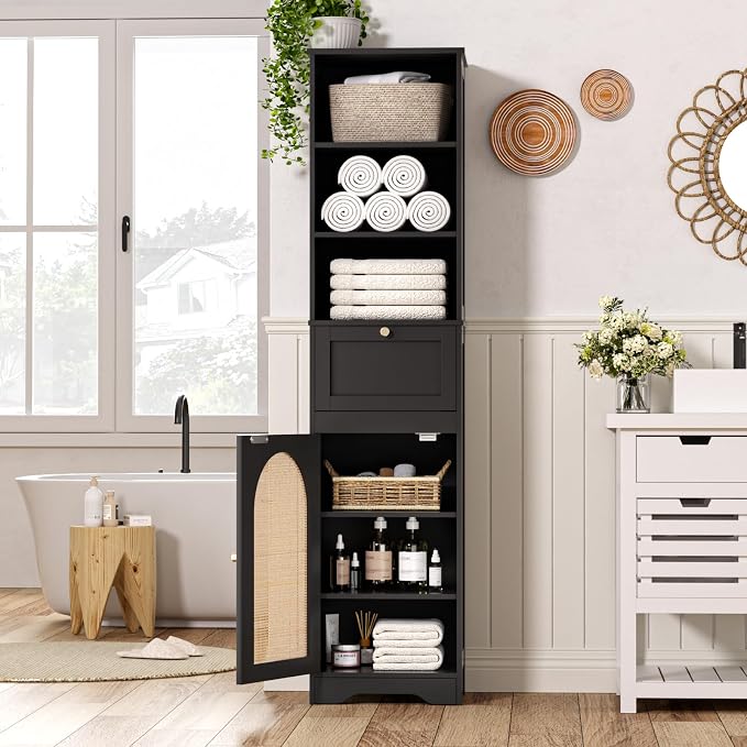 Tall Narrow Rattan Bathroom Storage Cabinet with Doors and Drawers, Black | Freestanding Skinny Tower Linen Cabinet, Rattan Door, Rattan Drawer, Adjustable Shelves, Open Storage, for Kitchen, Bathroom