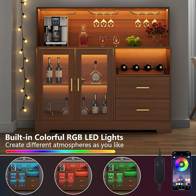 Bar Cabinet for Home with LED Light,Coffee Bar Cabinet w/ Wine & Glass Rack