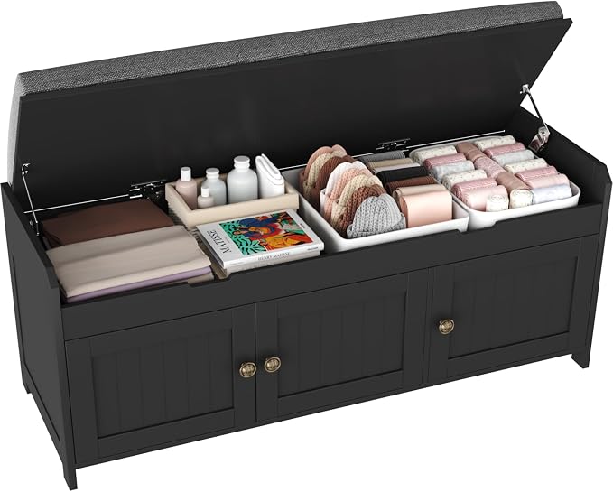 HOMEFORT 41.3" Shoe Bench with Lift Top Storage, Entryway Bench with Cushioned Seat, Wooden End of Bed Bench, Shoe Cabinet Bench with Hidden Storage Space, for Bedroom, Hallway,Black