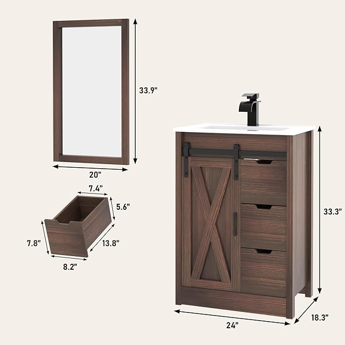 chartustriable 24 Inch Bathroom Vanity with Sink & Faucet & Mirror, Farmhouse Bathroom Vanity Cabinet Set with Sliding Barn Door & Drawers, Small Single Bath Storage Vanity Sink, Brown