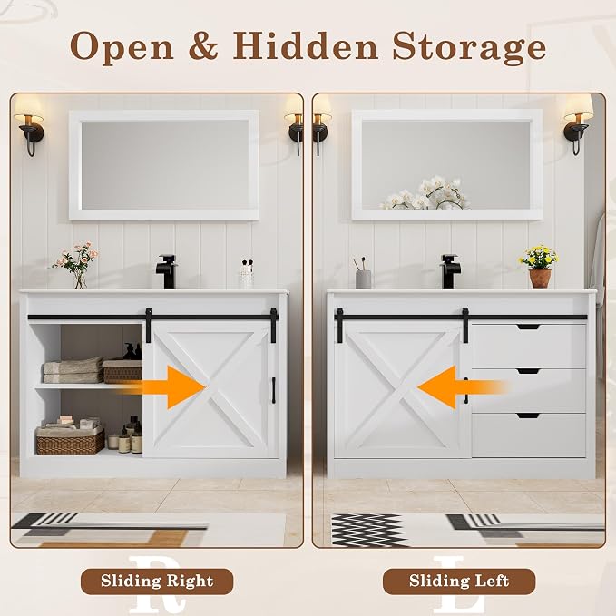 chartustriable 47 Inch Bathroom Vanity with Sink & Faucet & Mirror, Farmhouse Bathroom Vanity Cabinet Set with Sliding Barn Door & Drawers, Large Single Bath Storage Vanity Sink, White