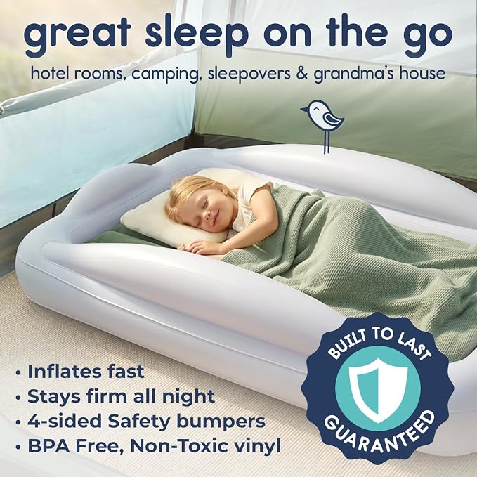 Hiccapop Inflatable Toddler Bed with Safety Bumpers, Kids Travel Bed, Sage