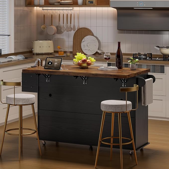ONBRILL 60" Kitchen Island with Trash Can Storage, Black+Rustic Brown