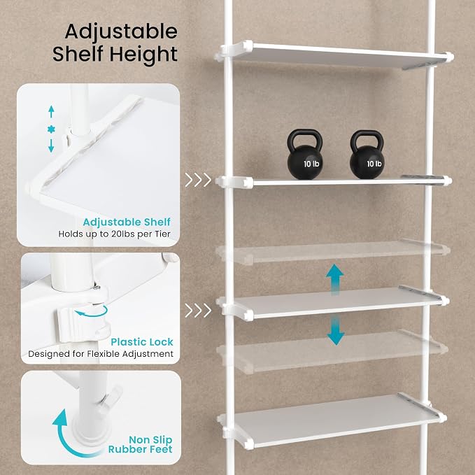 Home Zone Living Over-the-Toilet Organizer Bathroom Storage Organizer | Tension-Mounted Design with Adjustable 4-Tier Shelves, for Ceilings 91" to 114" High, White