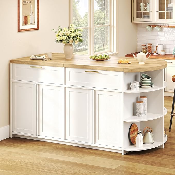 HSH 63 Inch Large Kitchen Island with Storage and Seating, Light Oak