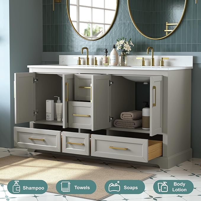 60 Inch Bathroom Vanity with Double Sink Combo, Greige | Solid Wood Frame with Marble Top & Backsplash, Fully-Assembled with 4 Soft-Closing Doors & 5 Dovetail Drawers