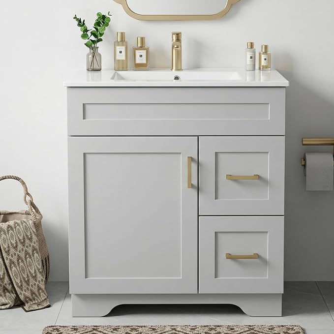 30 Inch Bathroom Vanity with Sink, Modern Shaker Bathroom Sink Cabinet with Soft-Close Door & 2 Drawers, Wood Freestanding Bathroom Storage Cabinet with Ceramic Basin, Grey