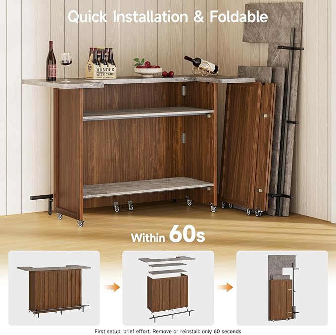 ONBRILL 61" Foldable Bar Table, Mobile Party Bar Station on Lockable Wheel