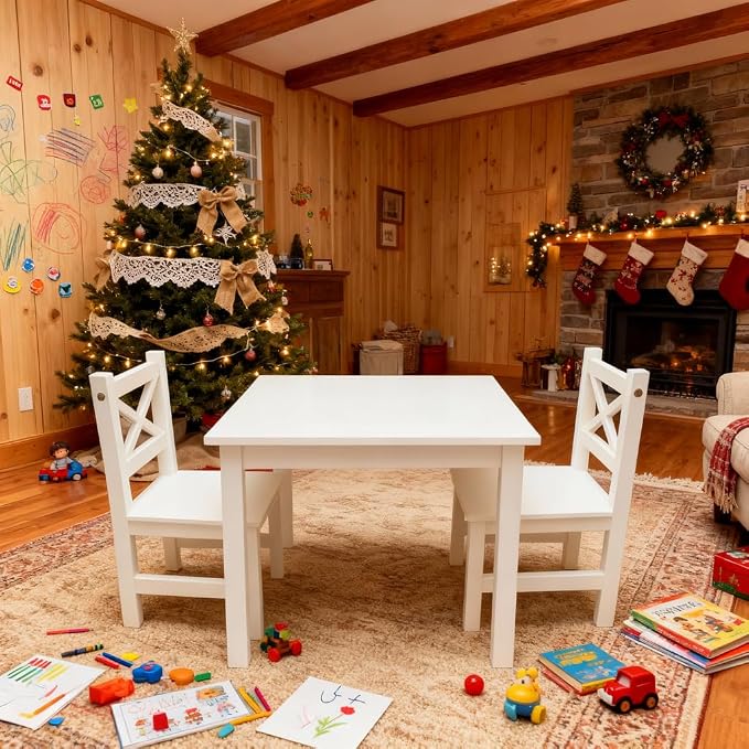 PETIT BATEAU Solid Wood Kids Table & 2 Chairs Set,Ages 2-8,Whitecolor