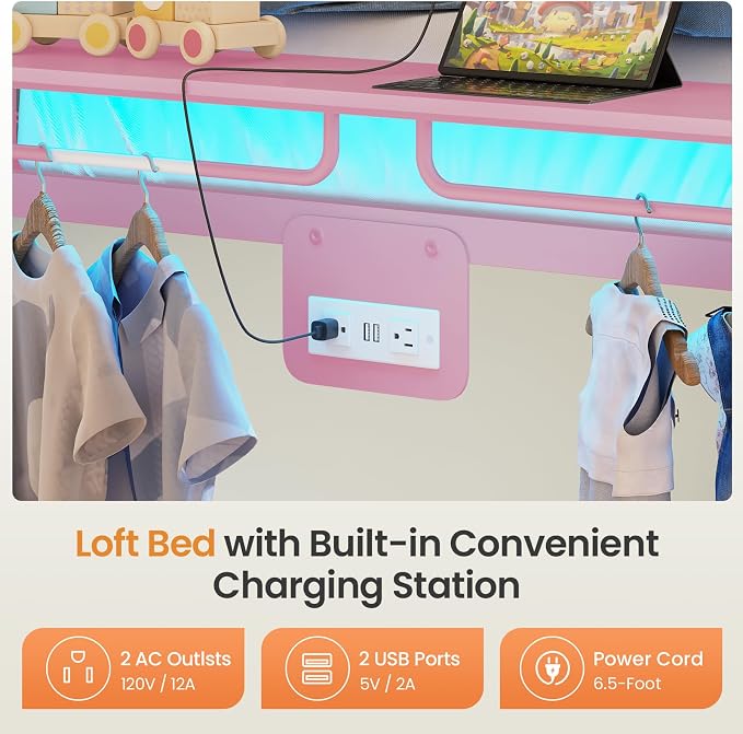 Itaar Metal Bunk Bed Twin Over Twin with Hall Tree, Power Outlet, LED Bunk Bed with 4 Storage Drawers, Bed with 13‘’ Safety Guardrail & Ladders for Kids and Teen, 400lb Weight Capacity, Pink