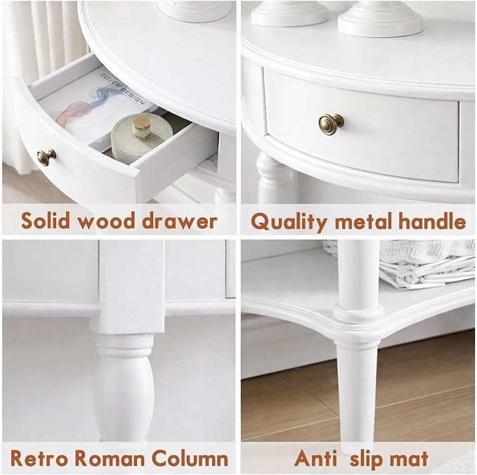 Half Moon Console Table Solid Wood Vintage Entryway Table with Storage Drawer Small Hallway Table for Entryway Half Round Foyer Tables Walnut Entry Way Tables For Entrance(White, W-31.5")