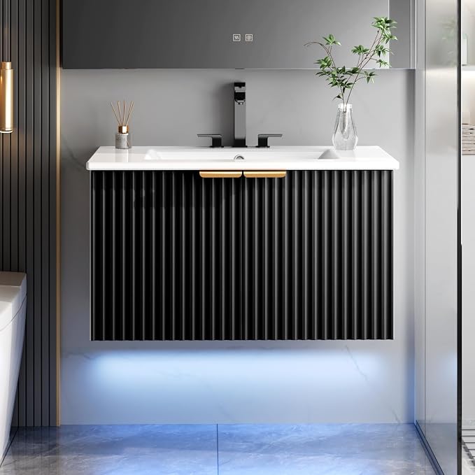 30" Bathroom Vanity with Sink, Modern Wall Mounted Floating Vanity Cabinet, Modern Bathroom Sinks with LED Light, Metal Handle & Double Soft-Close Doors, Black