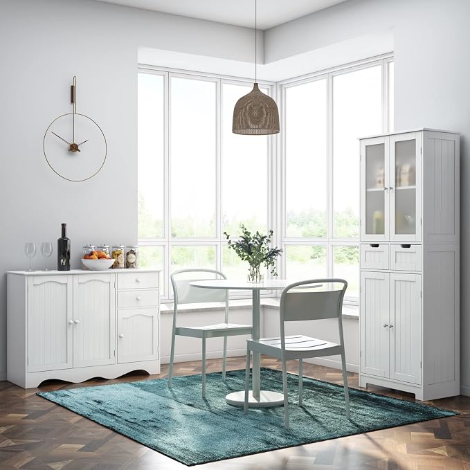 HORSTORS 67" H Bathroom Storage Cabinet, White Linen Cabinet with Drawers | Freestanding Bathroom Cabinet with Glass Door & Shelf, Modern Tall Storage Cabinet for Bathroom, Living Dining Room, Kitchen