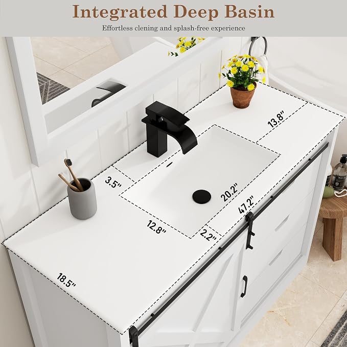 chartustriable 47 Inch Bathroom Vanity with Sink & Faucet & Mirror, Farmhouse Bathroom Vanity Cabinet Set with Sliding Barn Door & Drawers, Large Single Bath Storage Vanity Sink, White