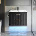 24 Inch Floating Bathroom Vanity with Sink & Towel Holder, Fluted Wall Mounted Vanity Cabinet for Small Bathroom, Modern Combo with LED Light, Metal Handle & Soft-Closing Drawers, Black