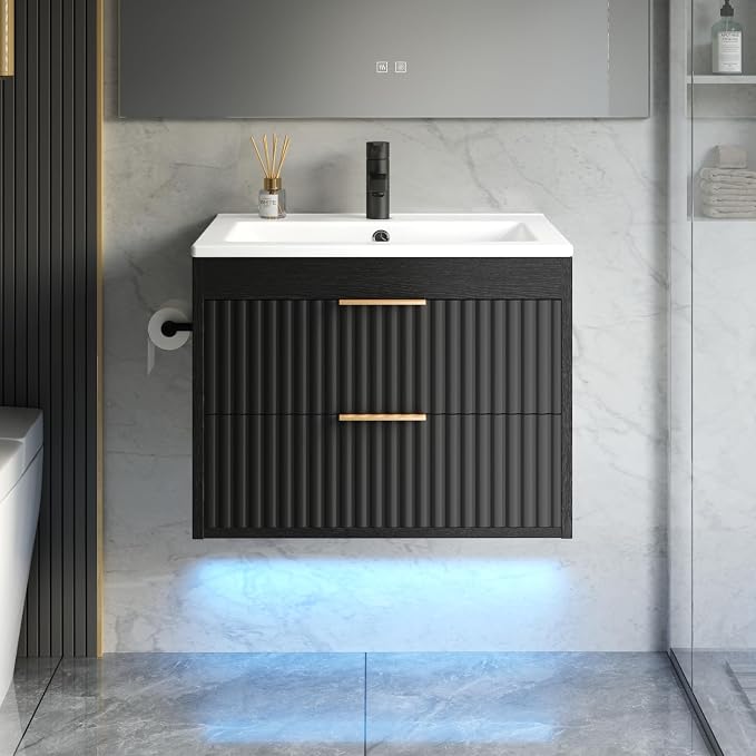 24 Inch Floating Bathroom Vanity with Sink & Towel Holder, Fluted Wall Mounted Vanity Cabinet for Small Bathroom, Modern Combo with LED Light, Metal Handle & Soft-Closing Drawers, Black