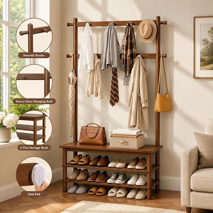 Solid Wood Hall Tree with Bench, Shoe Rack & 11 Hooks 35.0''