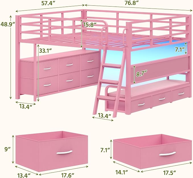 Dnxao Low Loft Bed Full Size with Desk and 9 Storage Drawers for Girls,Pink