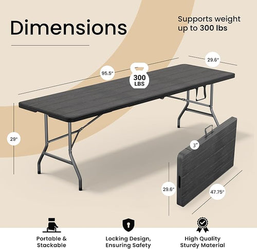 2 PACK of 8 Feet Foldable Table with Built in Handle & Steel Legs | 8 FT Heavy Duty Portable | Perfect for Party, Dining, Wedding, Events, Picnic Indoor, Outdoor, Camping, Temporary - 8 Foot