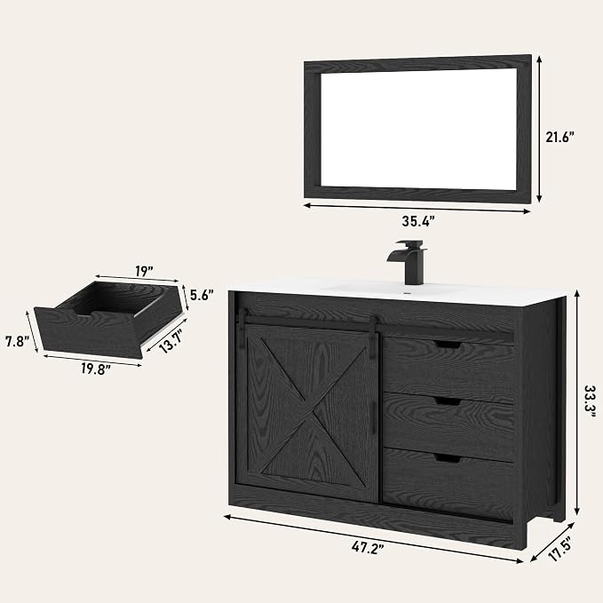 48" Farmhouse Bathroom Vanity with Sink & Faucet & Mirror, Wood Grain Black | Sliding Barn Door, 3 Handleless Drawers, Single Vanity Combo for Small Space