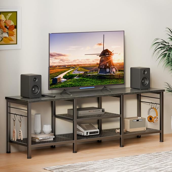 Furologee 55 Inch TV Stand, Entertainment Center with Shelves, Black Oak