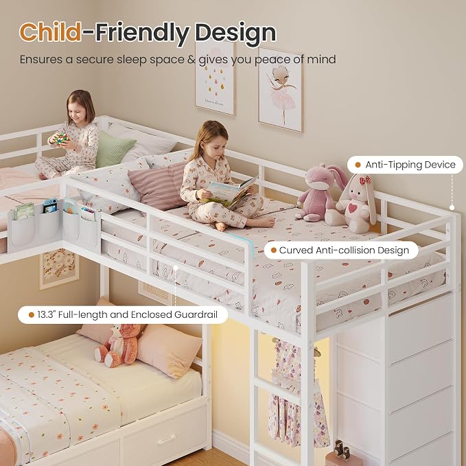 Triple Bunk Bed Twin Over Twin with 9 Storage Drawers and LED Lights, White