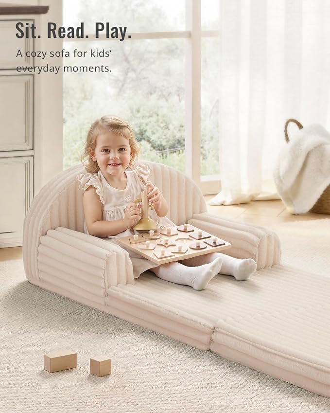Blissful Diary Foldable Kids Couch, 2-in-1 Kids Sofa Chair, Cream White