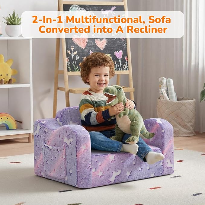 MeMoreCool Kids Couch, Glow Dark Purple Unicorn Fold Out Sofa Chair, Girls