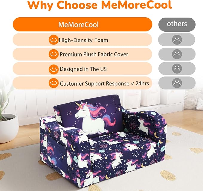 MeMoreCool Kids Couch, Purple Unicorn Fold Out Sofa, Side Pocket, Washable