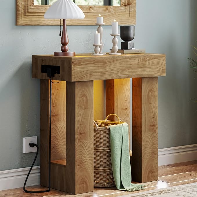 Unikito 32" Entry Table with Sensor Light and Power Outlets, Natural Oak