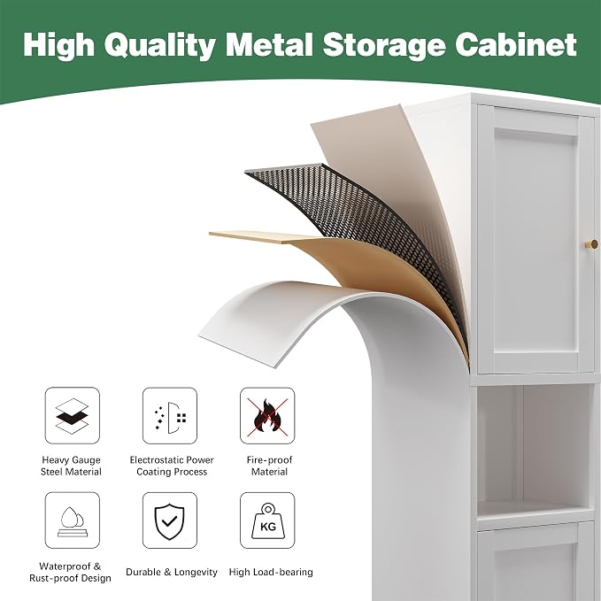 Bevivog Tall Slim Pantry Cabinet for Small Space, 67" Metal Narrow Storage Cabinets with Hutch and 3 Adjustable Shelves, Freestanding Tall Slim Bathroom Storage Cabinet, 15.7" Skinny Pantry Cabinets