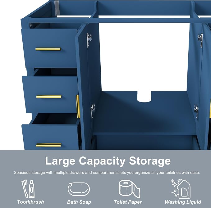 Montary 42" Modern Bathroom Vanity Base Cabinet, Solid Wood Construction | Soft-Close Double Doors & 9 Full-Extension Drawers(Basin & Top Not Included),Blue