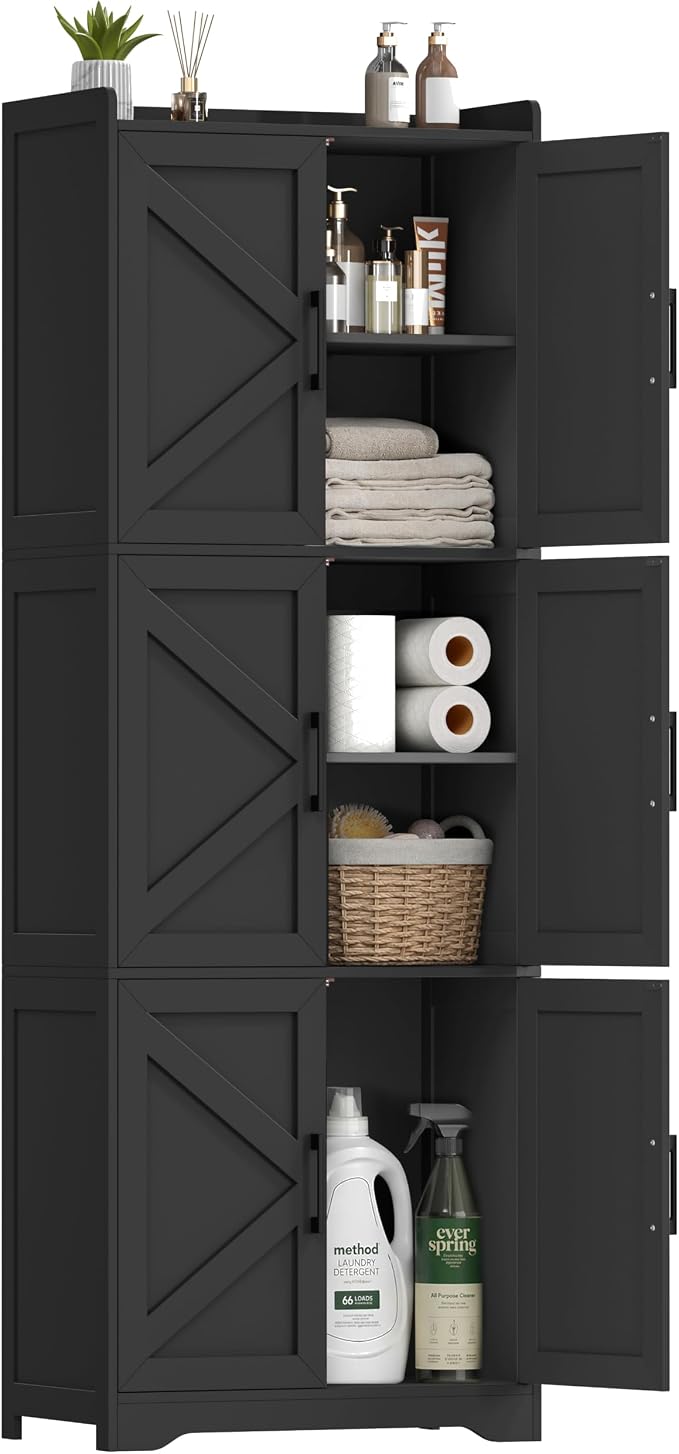 Akxomel Tall Bathroom Floor Cabinet with 6 Barn Door 60.2''H Pantry Black | 11.6''D x 22.6''W Linen Storage Cabinet with Adjustable Shelves, for Kitchen, Living Room, Entryway