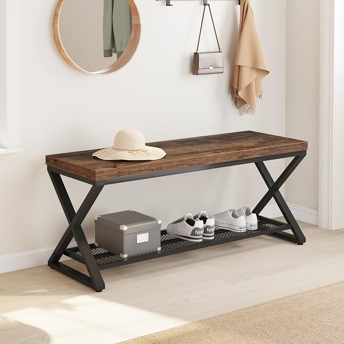 LVB Rustic Brown Entryway Bench, 39" Industrial Shoe Bench with Storage