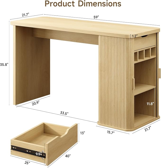 ONBRILL 59 Inch Fluted Kitchen Island with Storage Oak