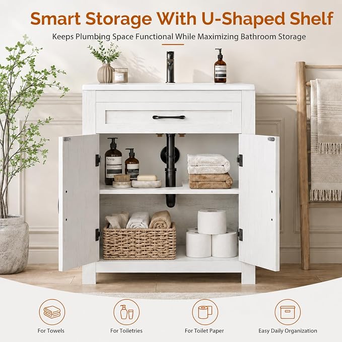 VINGLI 24 Inch Farmhouse Bathroom Vanity with Sink, Antique White Undermount Vanity Sink Cabinet with Barn Doors & U-Shaped Shelf, Freestanding Bathroom Storage Cabinet, Single Hole Ceramic Basin