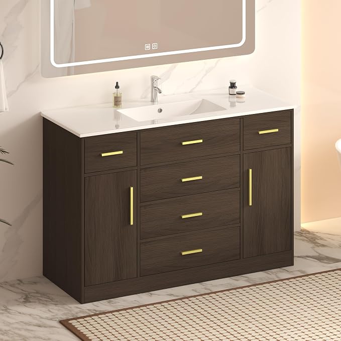 LUMISOL 48 Inch Bathroom Vanity with Sink, Freestanding Bathroom Vanity with 6 Storage Drawers and 2 Soft-Closing Doors, Wood 48" Bathroom Vanities with Resin Sink, Dark Brown