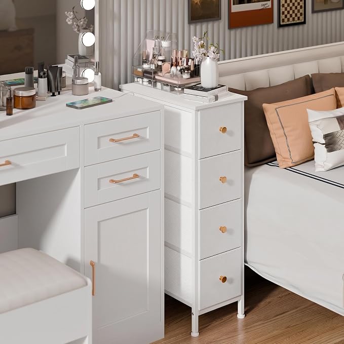 Fixwal Narrow Storage Cabinet, Slim Dresser with 4 Fabric Drawers, White | 9.5in width, sturdy & stable structure, solid steel frame, wooden top, suitable for bedroom, bathroom & laundry room