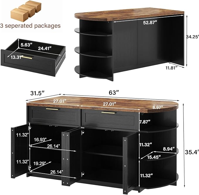 HSH 63 Inch Large Kitchen Island with Storage and Seating, Rustic Brown