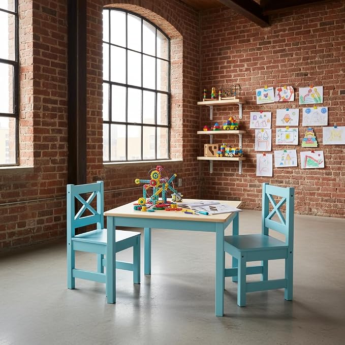 PETIT BATEAU Solid Wood Kids Table & 2 Chairs Set,Ages 2-8,Bluecolor