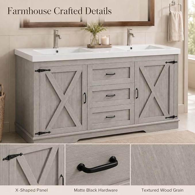 Cushore Double Sink Bathroom Vanity, 60 Inch Bathroom Vanity Double Sink with 2 Farmhouse Barn Doors & 3 Drawers, Dual Rounded Basins, Bathroom Vanity Sink Cabinet, Gray