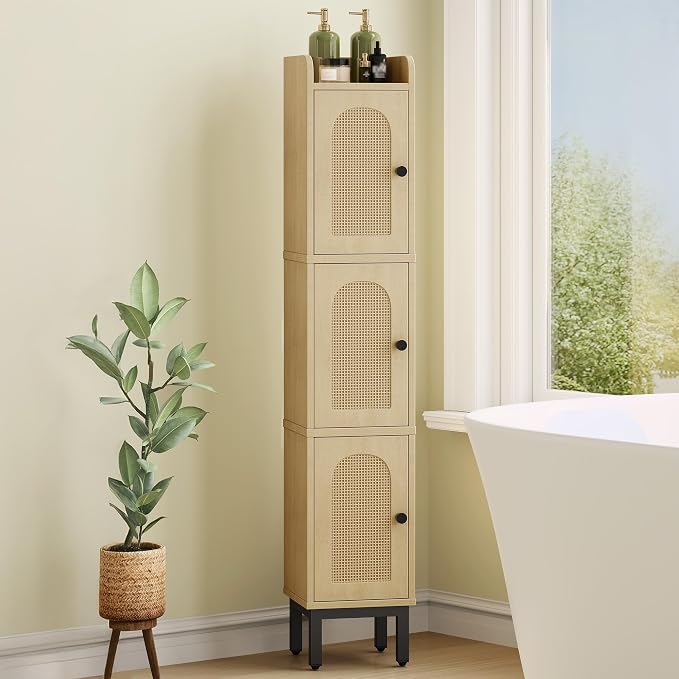Hzuaneri Slim Bathroom Storage Cabinet, Narrow Bathroom Organizers,3 Doors | Narrow Storage Cabinet with 4 Adjustable Feet, Laundry Room Organization for Small Space, Kitchen,Living Room,Rattan Yellow