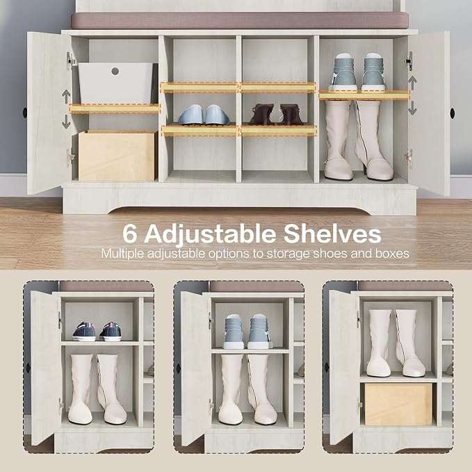 71“ White Hall Tree with Bench and Shoe Storage, 6 Adjustable Shelves,