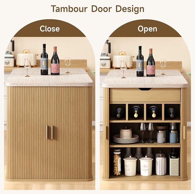 ONBRILL 61 Inch Fluted Kitchen Island with Storage Travertine Color