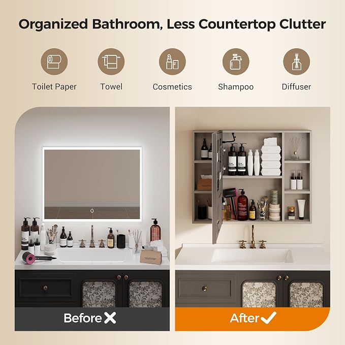 35.4 x 27.5 Inch LED Bathroom Mirror Cabinet with Open Shelves on Both Sides, 3 Color Dimmable Lighted Medicine Cabinet, Plug-in or Hardwired Anti-Fog Aluminum Medicine Cabinet with Hidden Storage